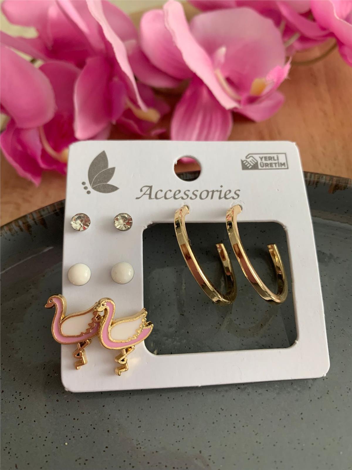 Pembe Flamingolu 8 Li Küpe Seti