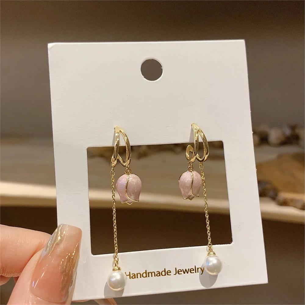 Pembe İkili Sallantılı İncili Lale Küpe