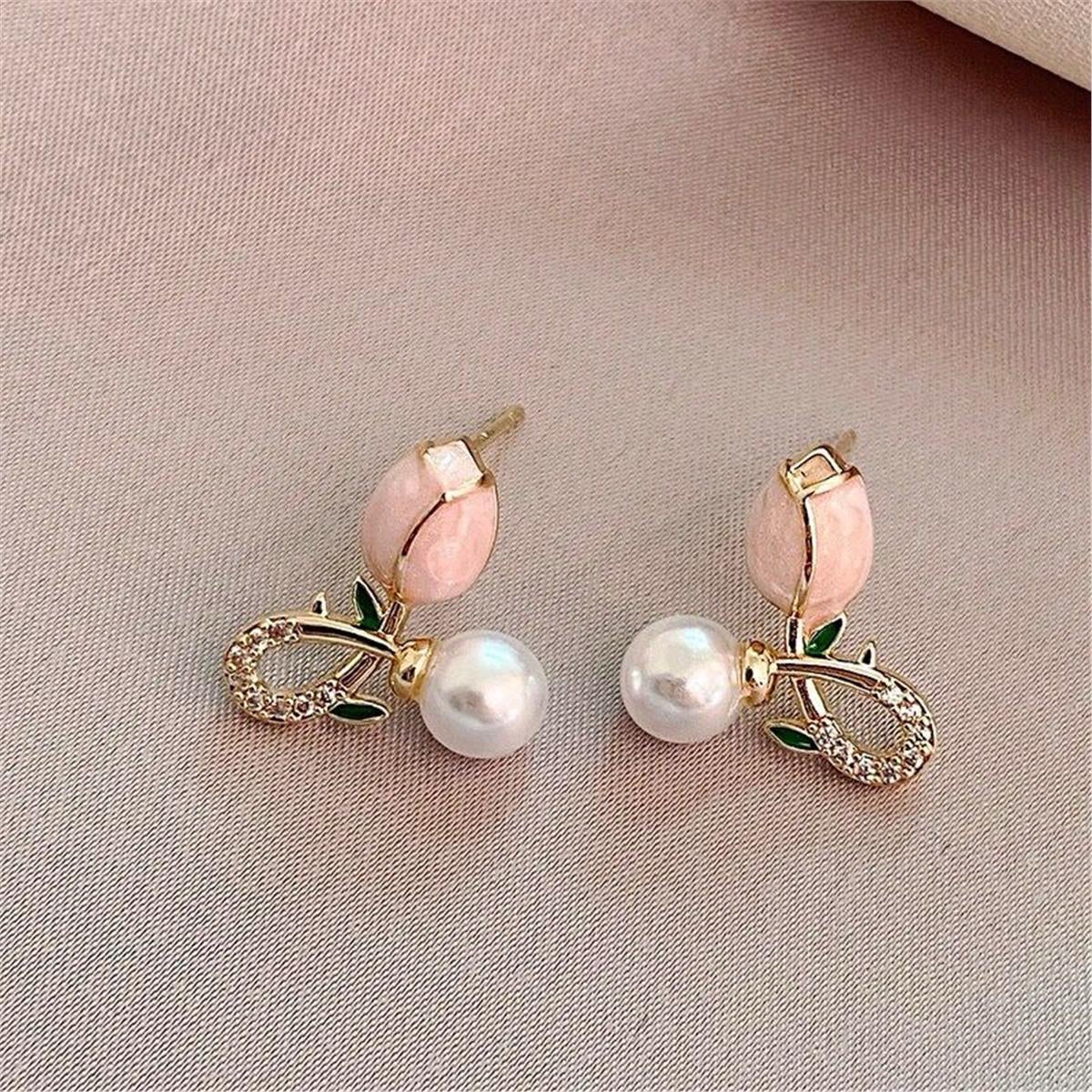 Pembe İncili Lale Küpe