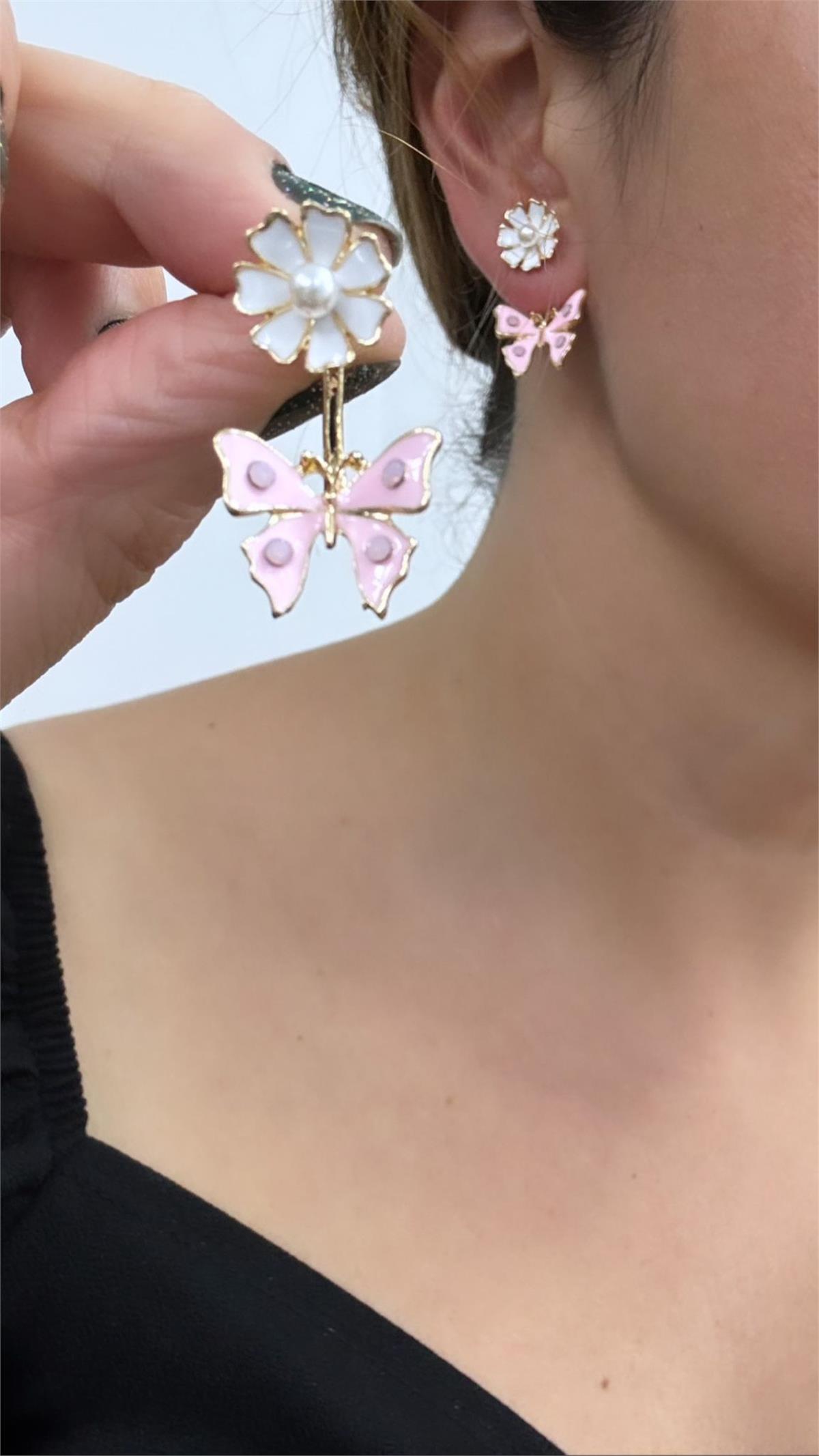 Pembe Kelebek ve Beyaz Çiçek Hayalet Küpe