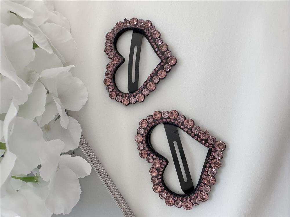 Pembe Kristal Taşlı 2 li Kalp Toka Seti