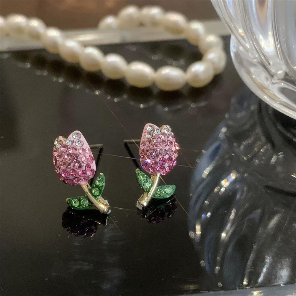 Pembe Kristal Taşlı Mini Lale Küpe