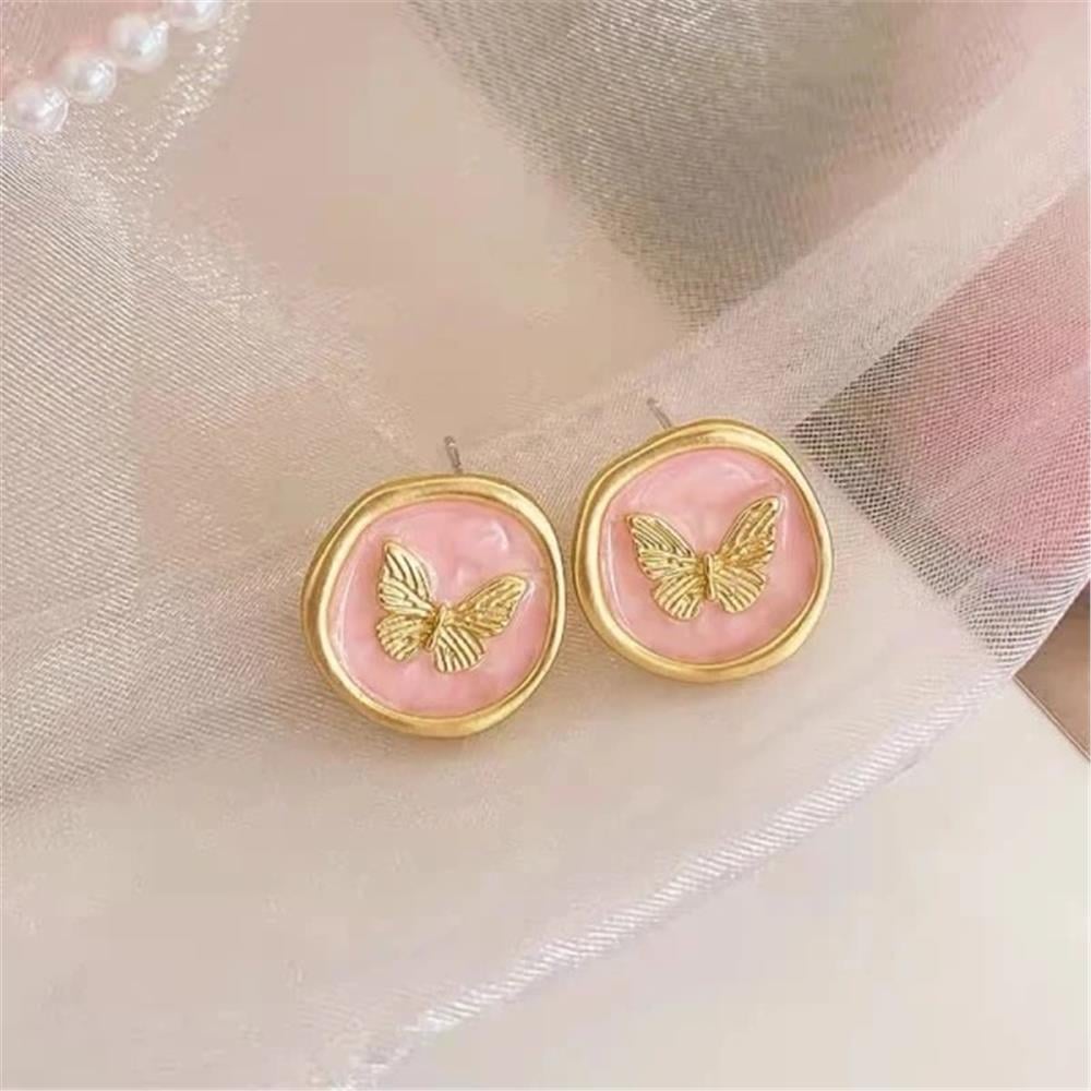 Pudra Pembe Kelebekli Çelik Küpe