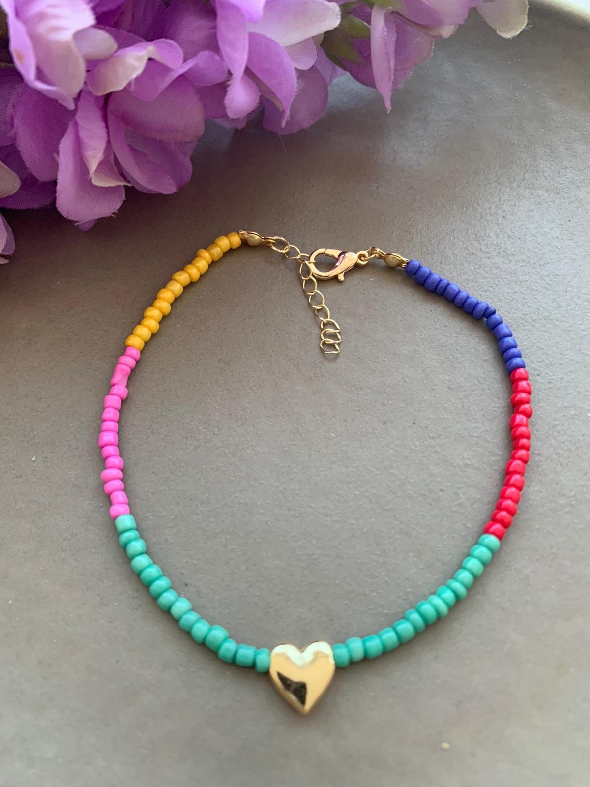 Renkli Boncuklu Kalp Figürlü Halhal