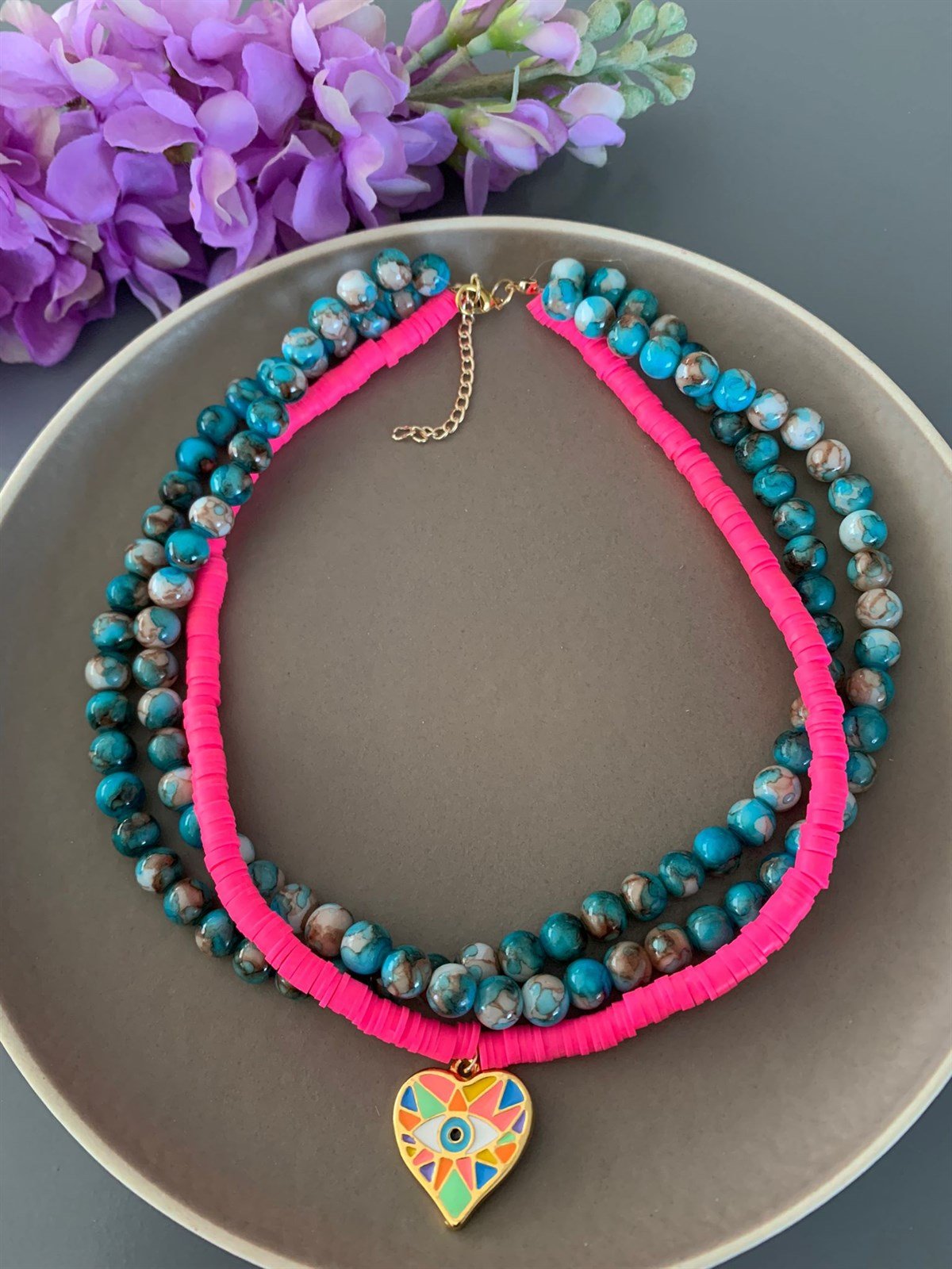 Renkli Göz Kalp Fimo ve Cam Boncuklu Fuşya Mavi Kolye
