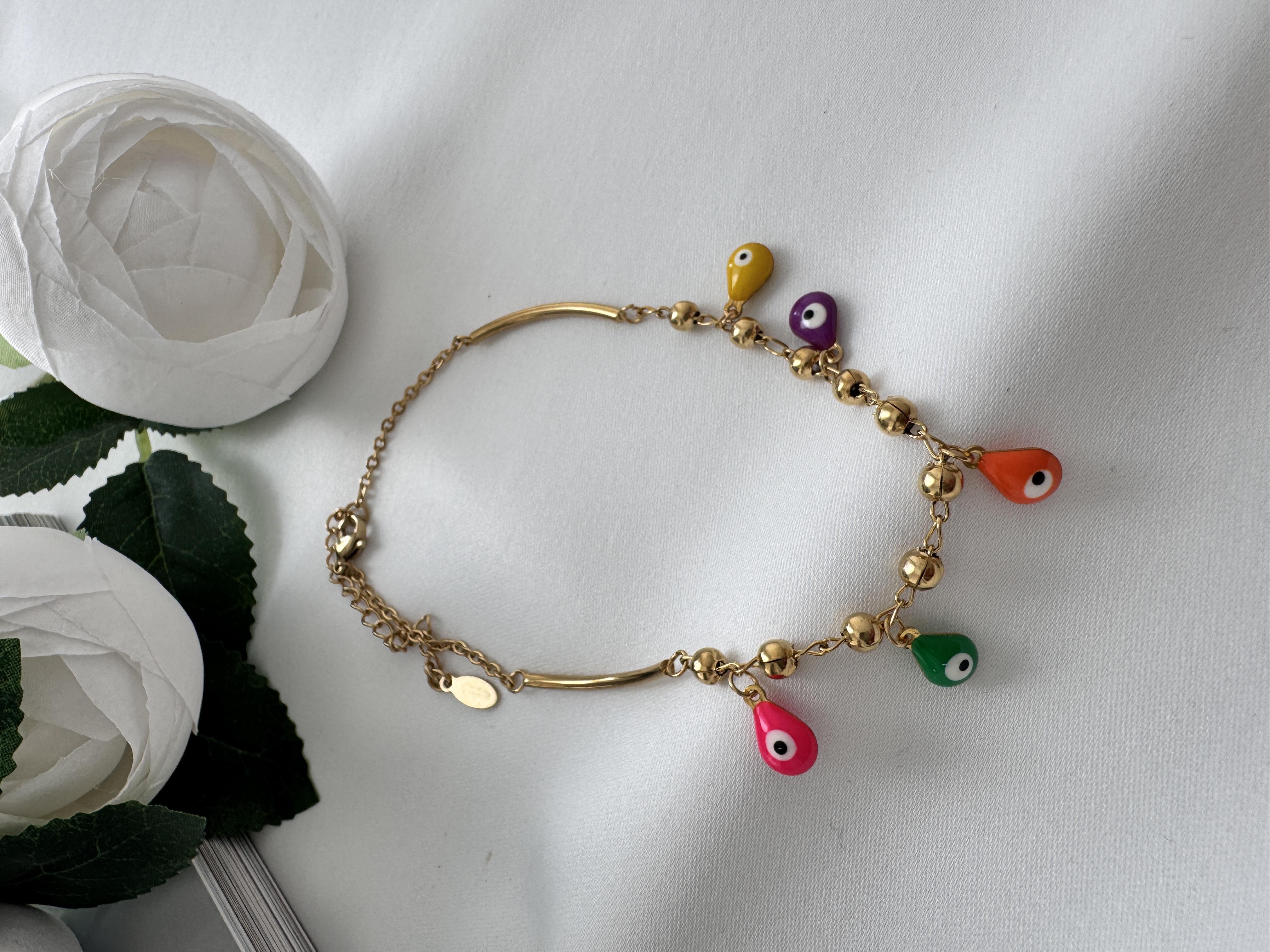 Renkli Nazar Boncuklu Damlalı Çelik Halhal