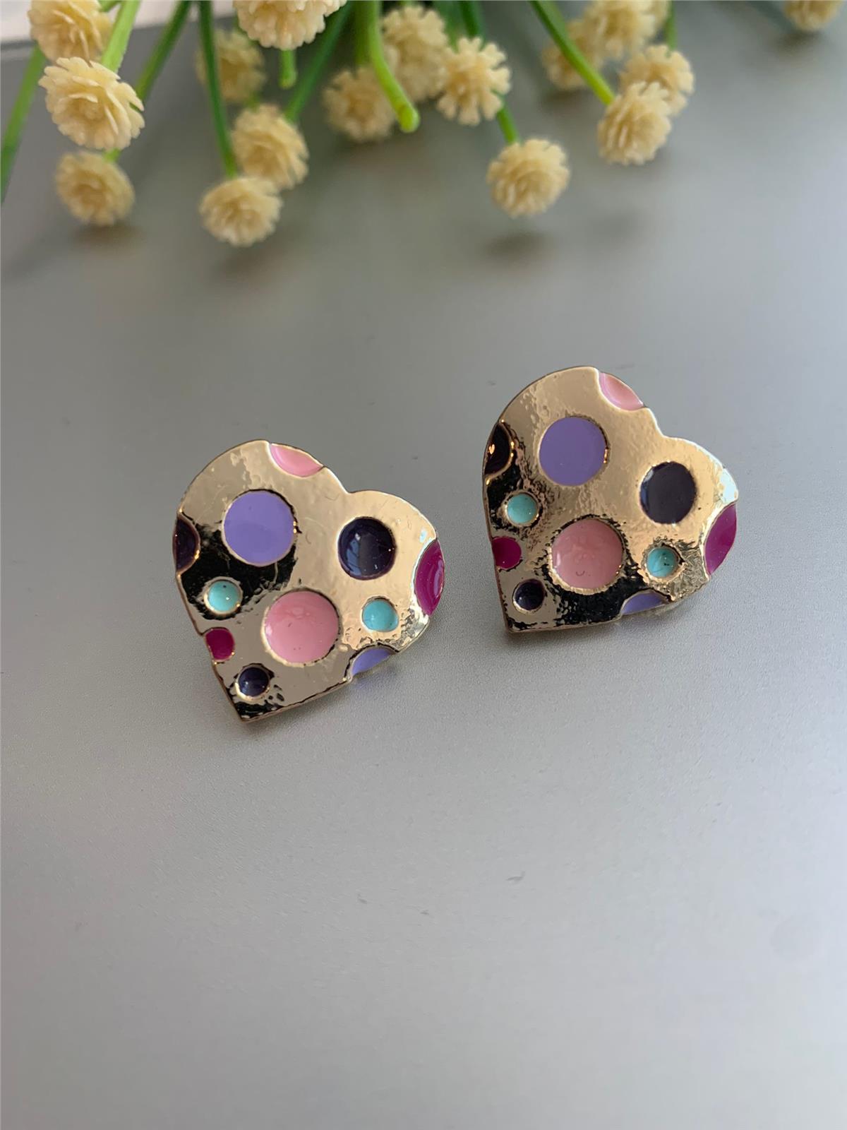 Renkli Noktalı Kalp Küpe - Mor