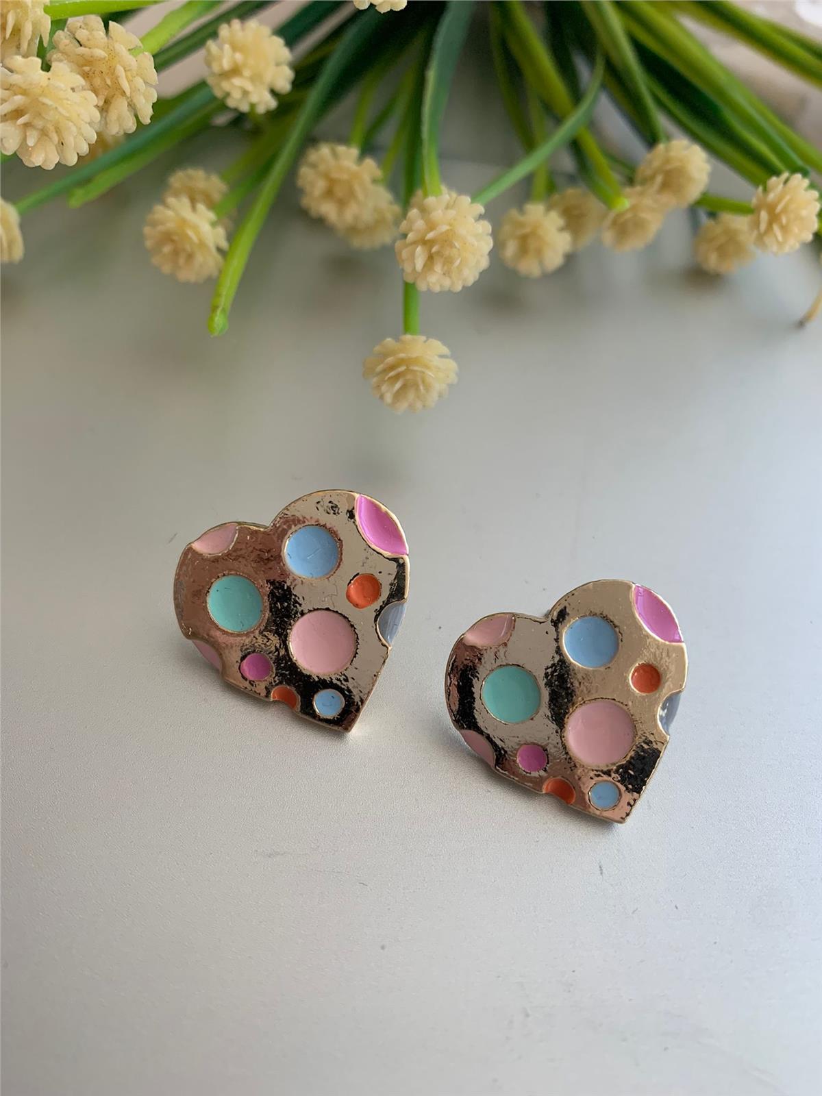 Renkli Noktalı Kalp Küpe - Pembe