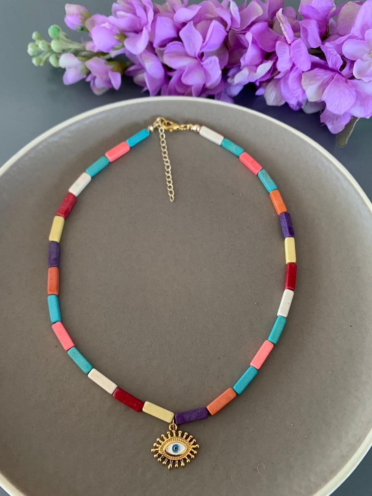 Renkli Turkuaz Taşlı Göz Figürlü Kolye