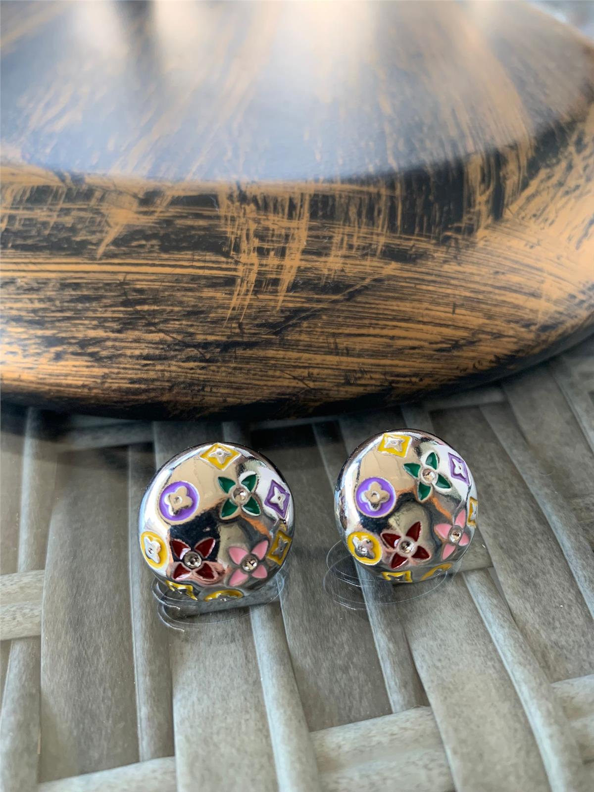 Renkli Yonca Desenli Vintage Silver Daire Küpe