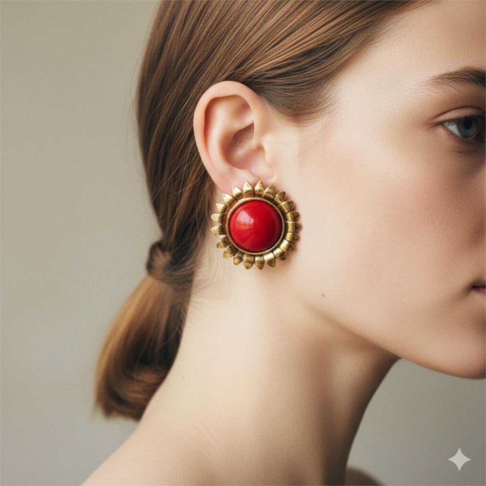 Retro Tarzı Kırmızı Taşlı Gold Güneş Çiçeği Küpe