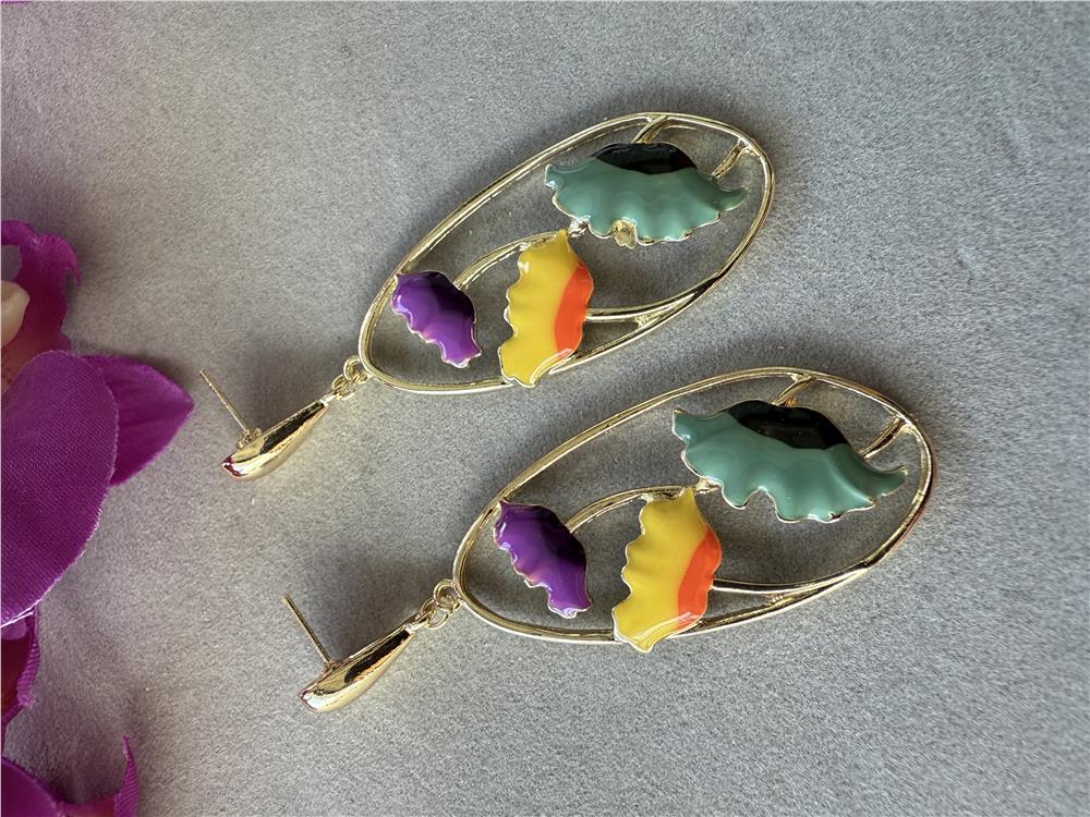 Sarı Mor Çiçekli Oval Küpe