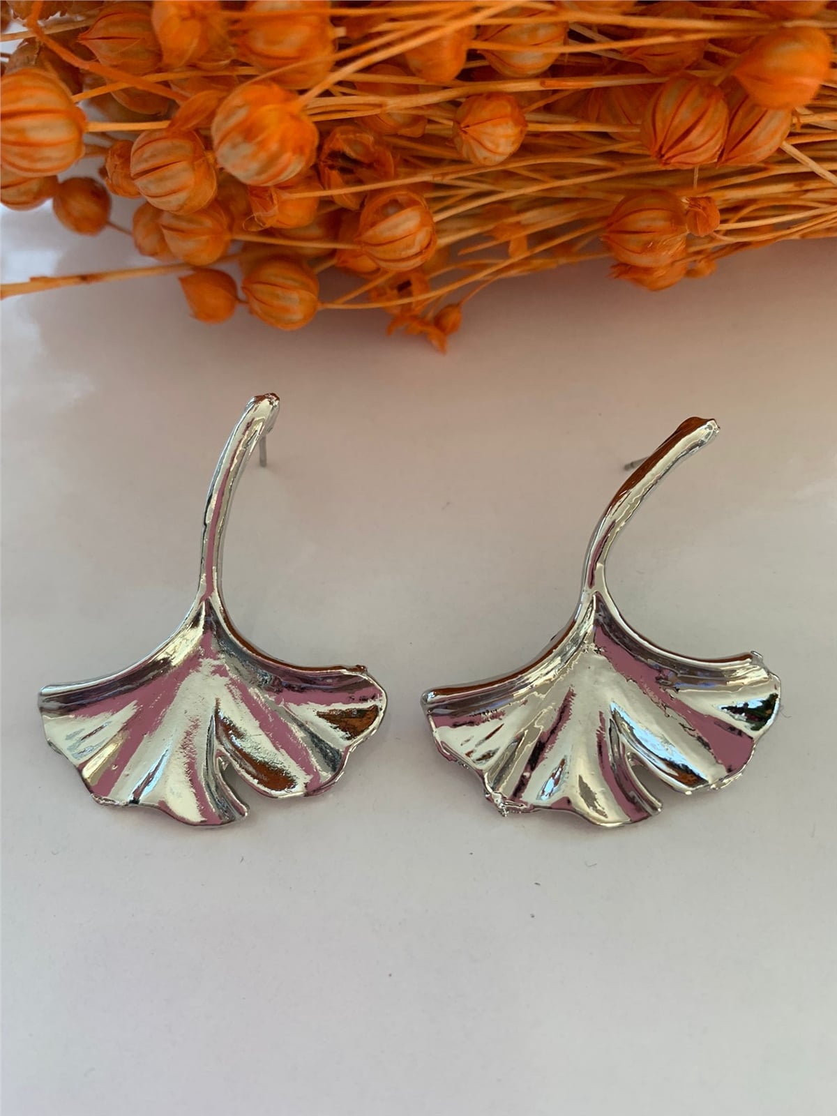 Silver Ginkgo Yaprak Küpe