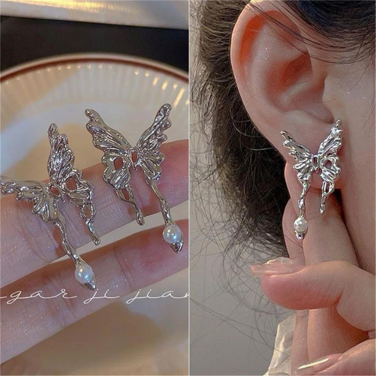 Silver Kelebek İnci Damlalı Küpe