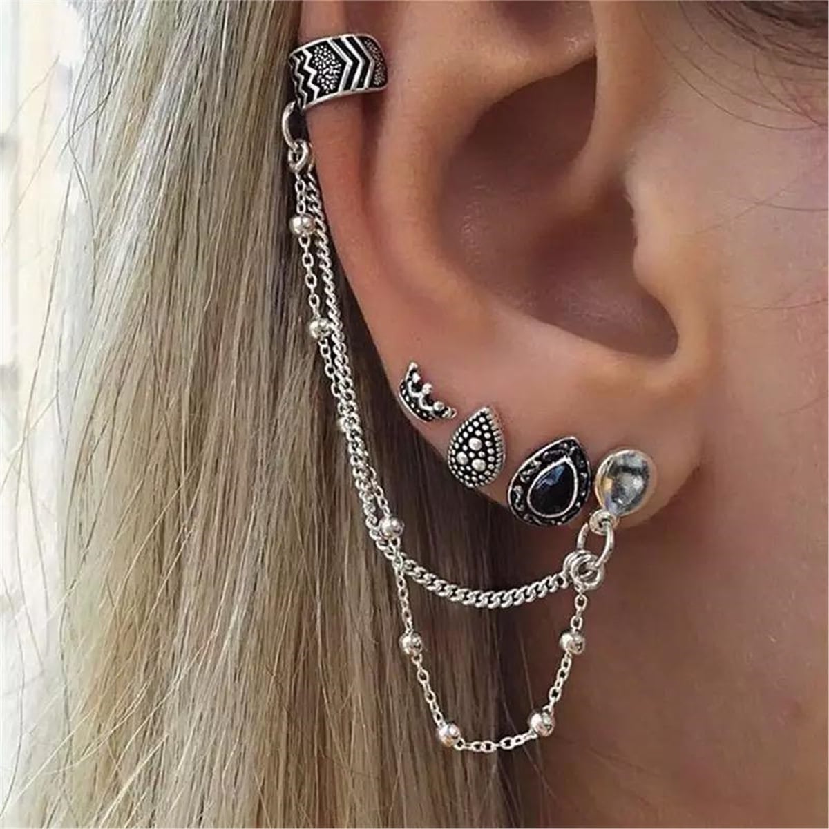 Silver Renk Antik Piercing Küpe Seti