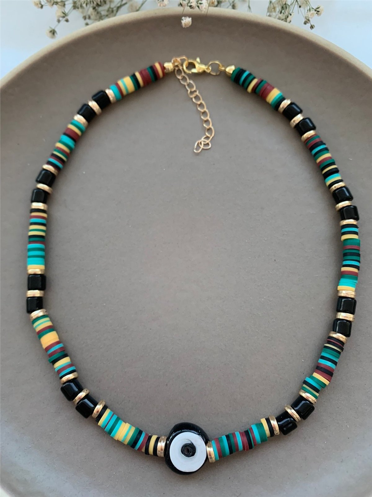 Siyah Cam Nazar Boncuklu Yeşil Fimo Tasarım Kolye