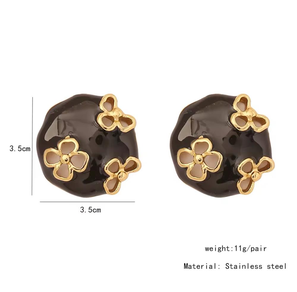 Siyah Gold Çiçek Desenli Çelik Küpe