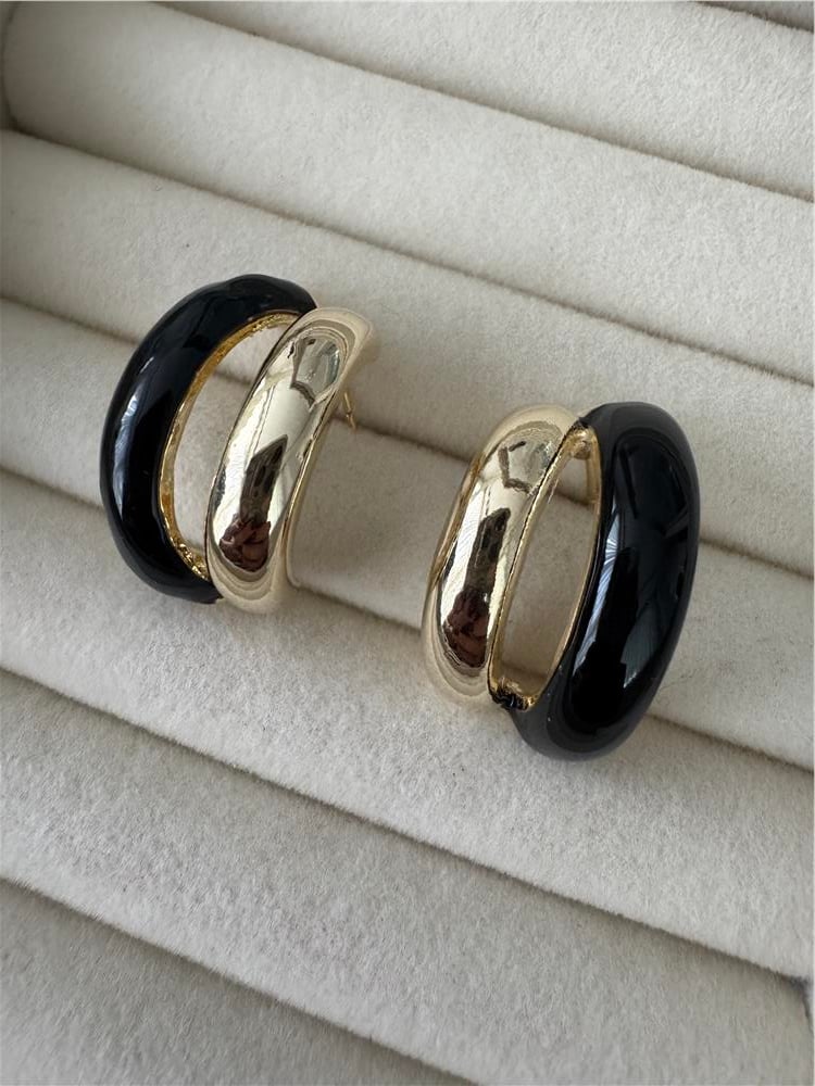 Siyah Mineli ve Gold Renk İkili Halka Küpe