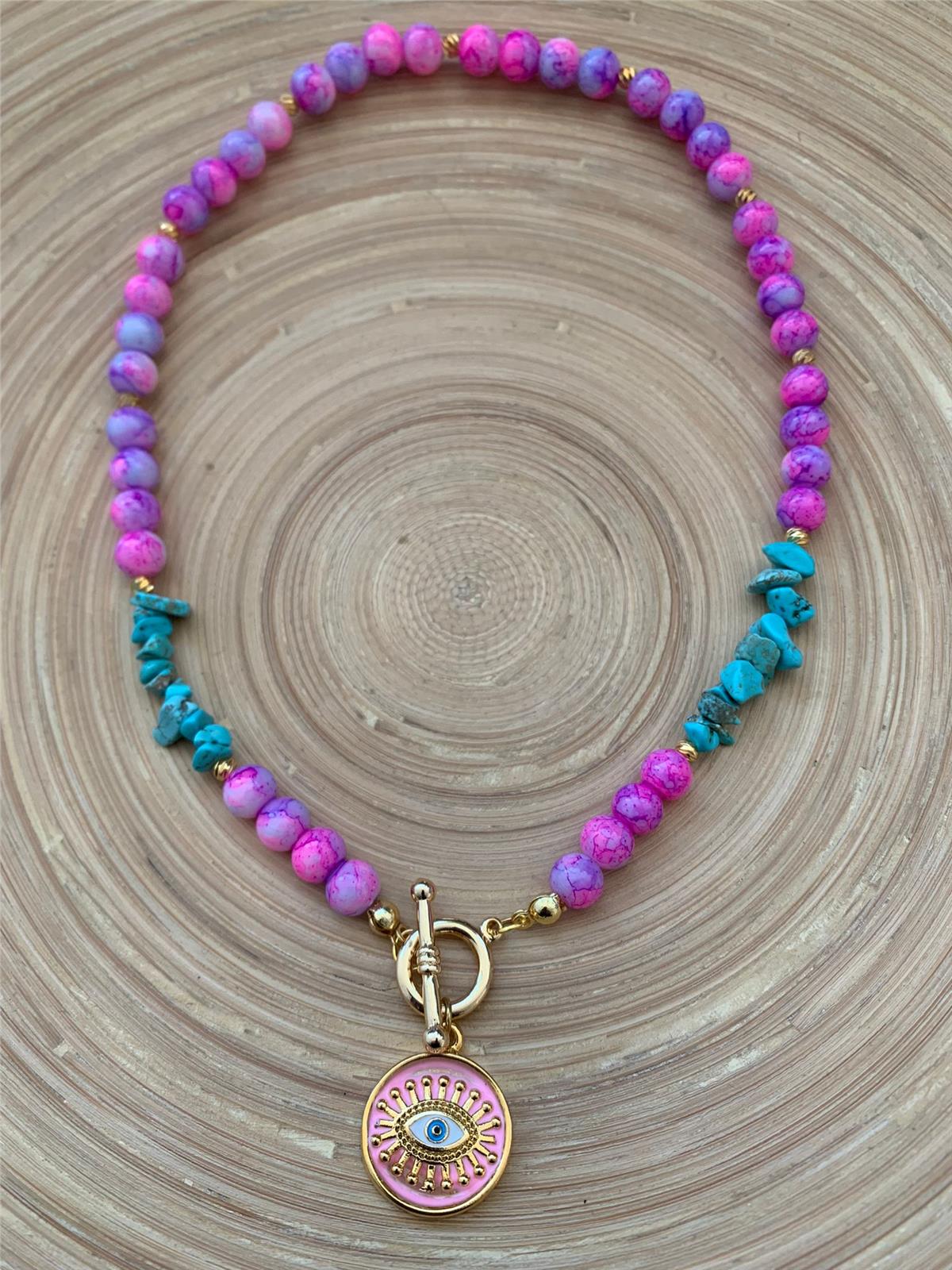 Turkuaz Doğaltaşlı Pembe Göz Figürlü Kolye