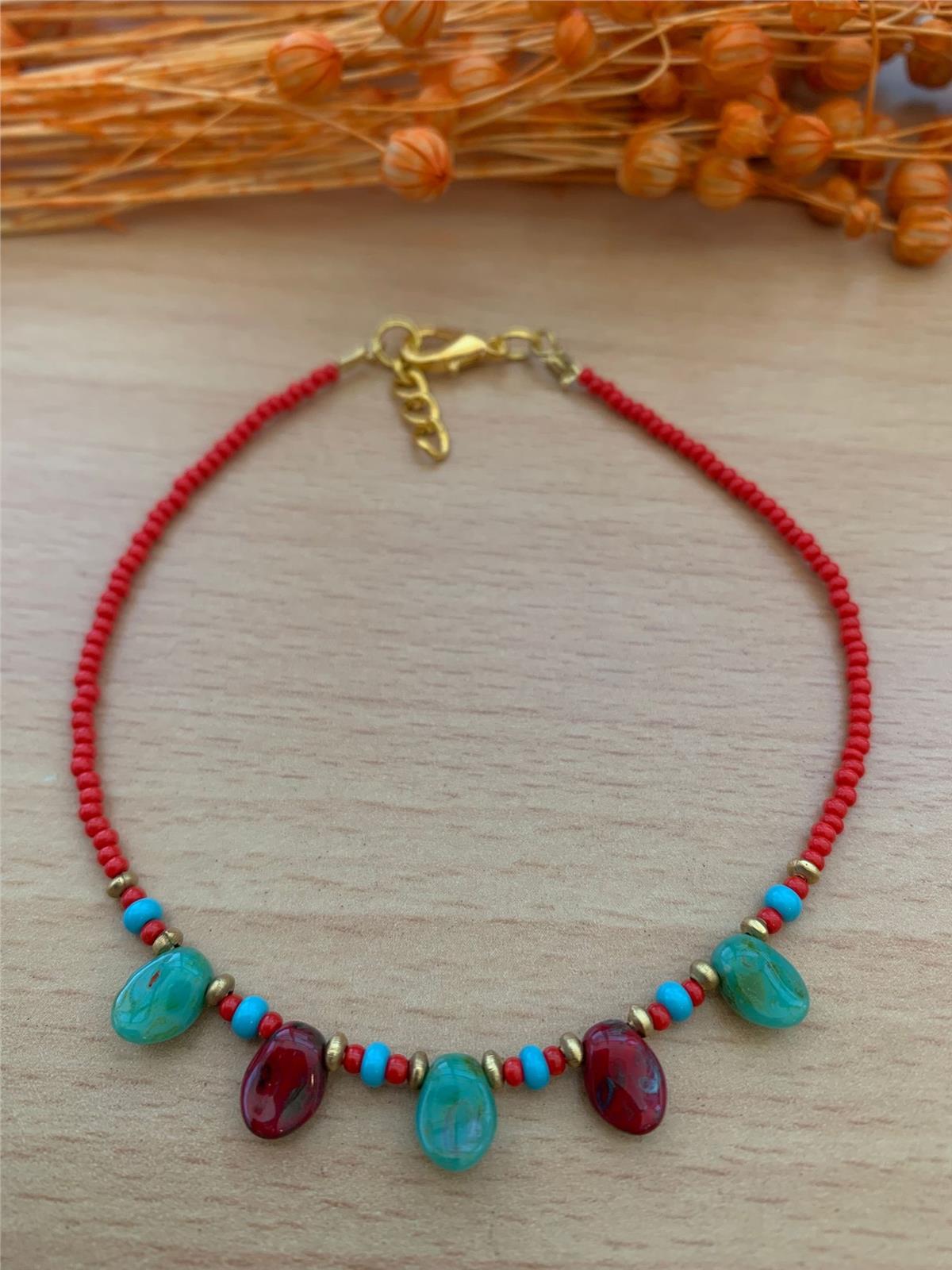 Turkuaz Kırmızı Boncuklu Halhal