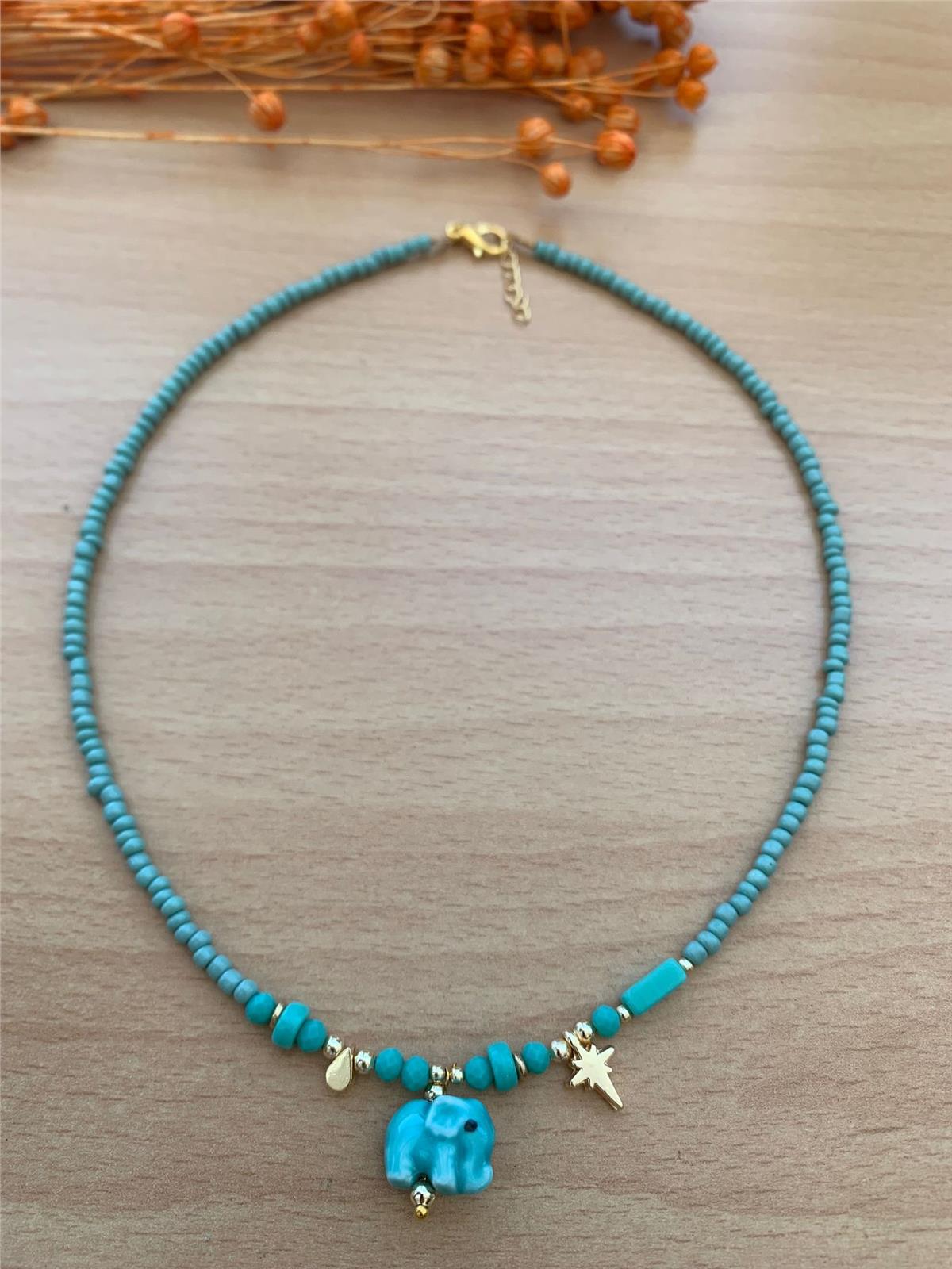 Turkuaz Mavi Tonlu Fil Figürlü Kolye