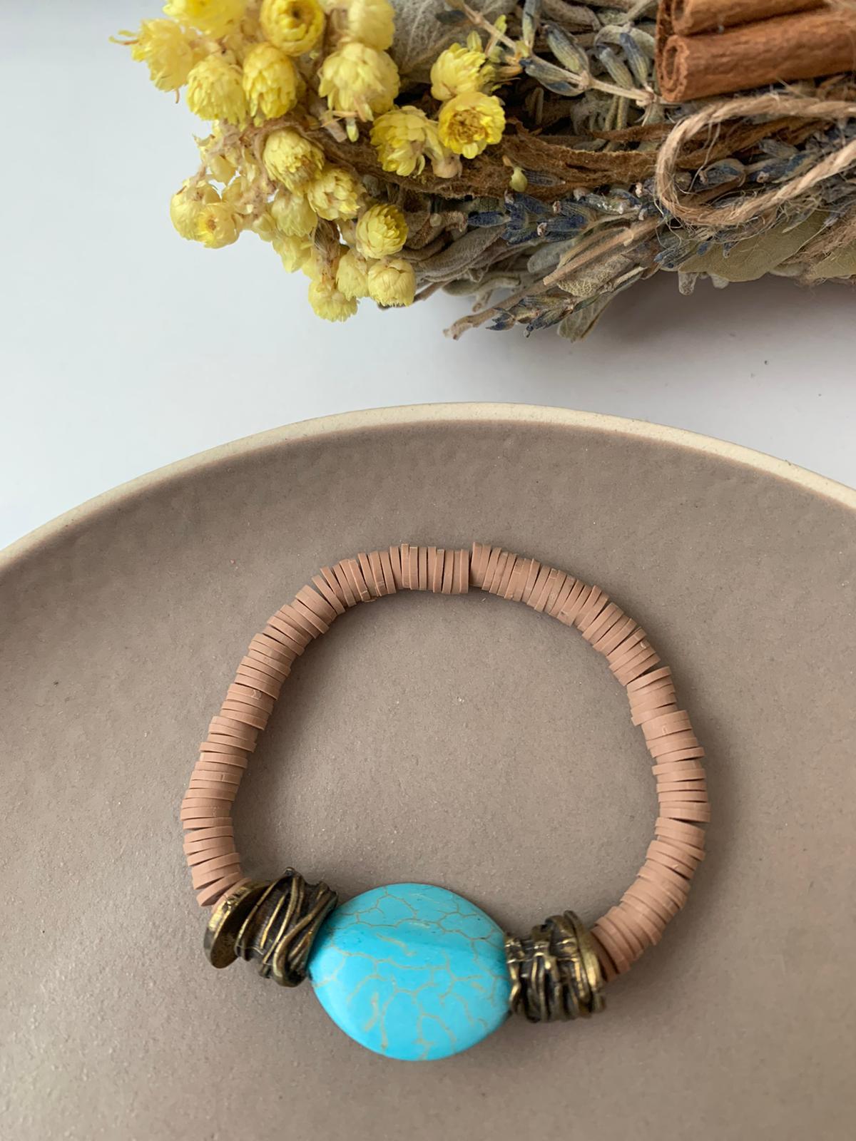 Turkuaz Taşlı Bej Fimo El Yapımı Bileklik