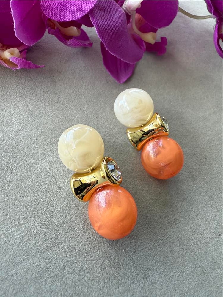 Turuncu Krem Daire Taşlı Küpe