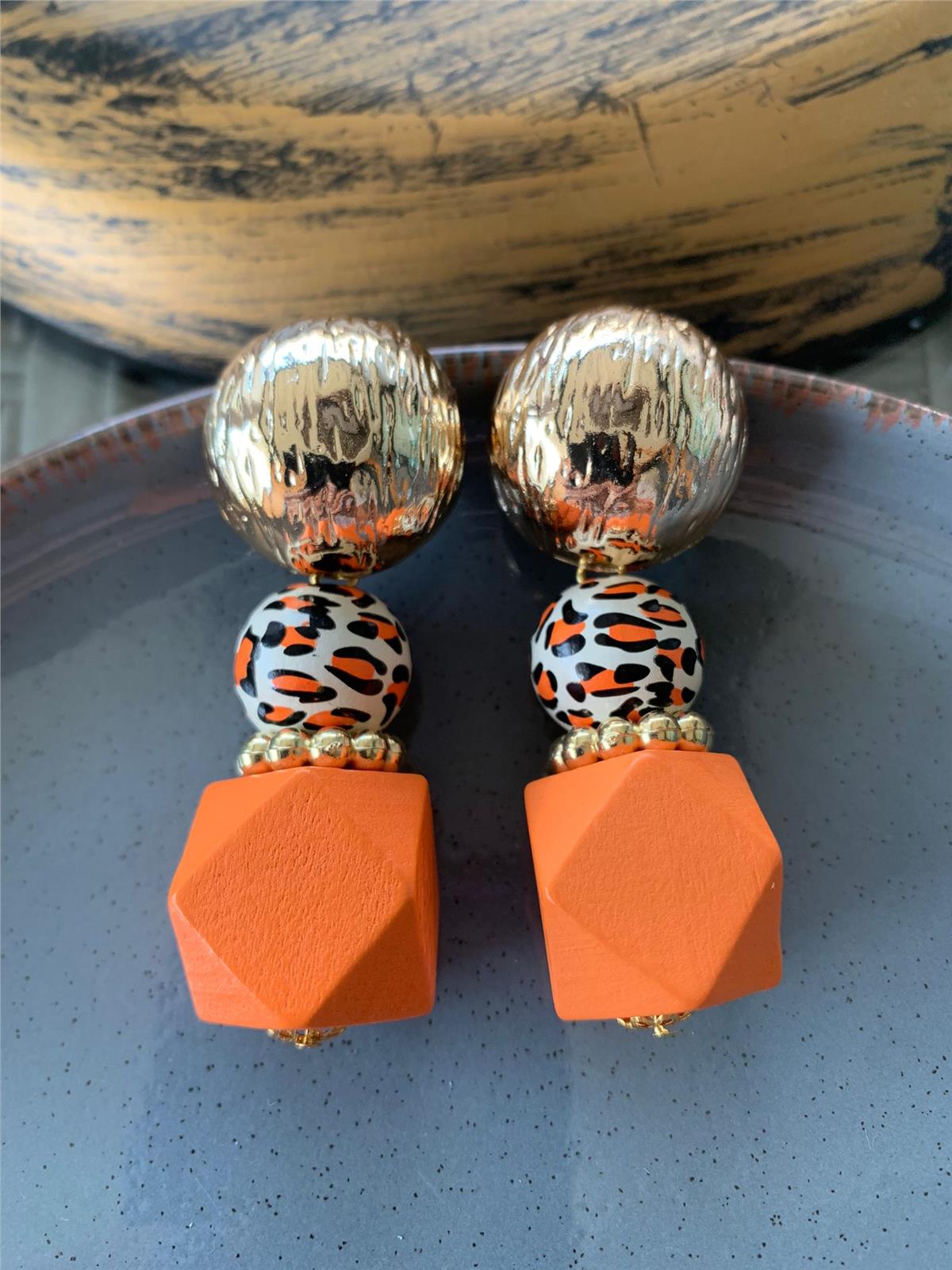 Turuncu Küpe Leoparlı Tasarım Küpe