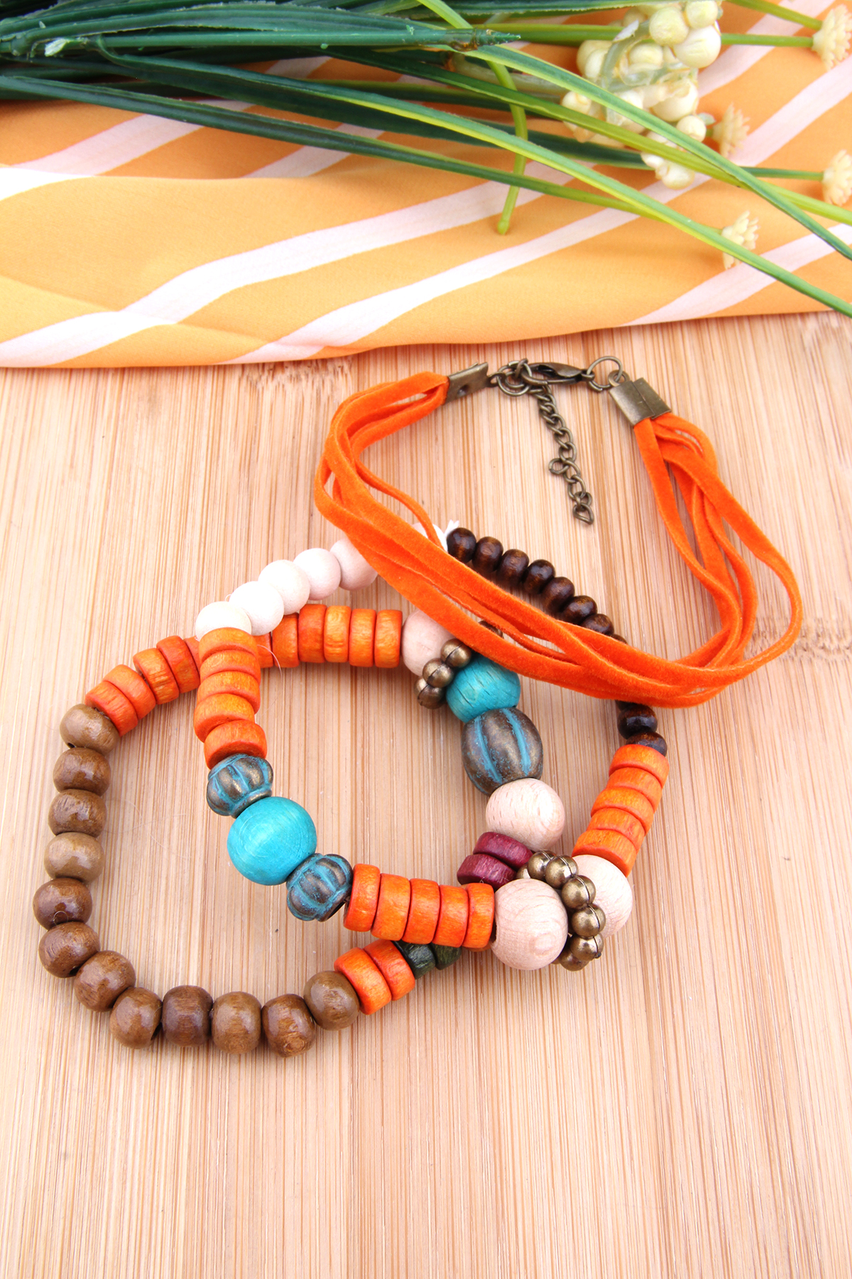 Turuncu Mavi Ahşap Boncuklu Üçlü bileklik Seti