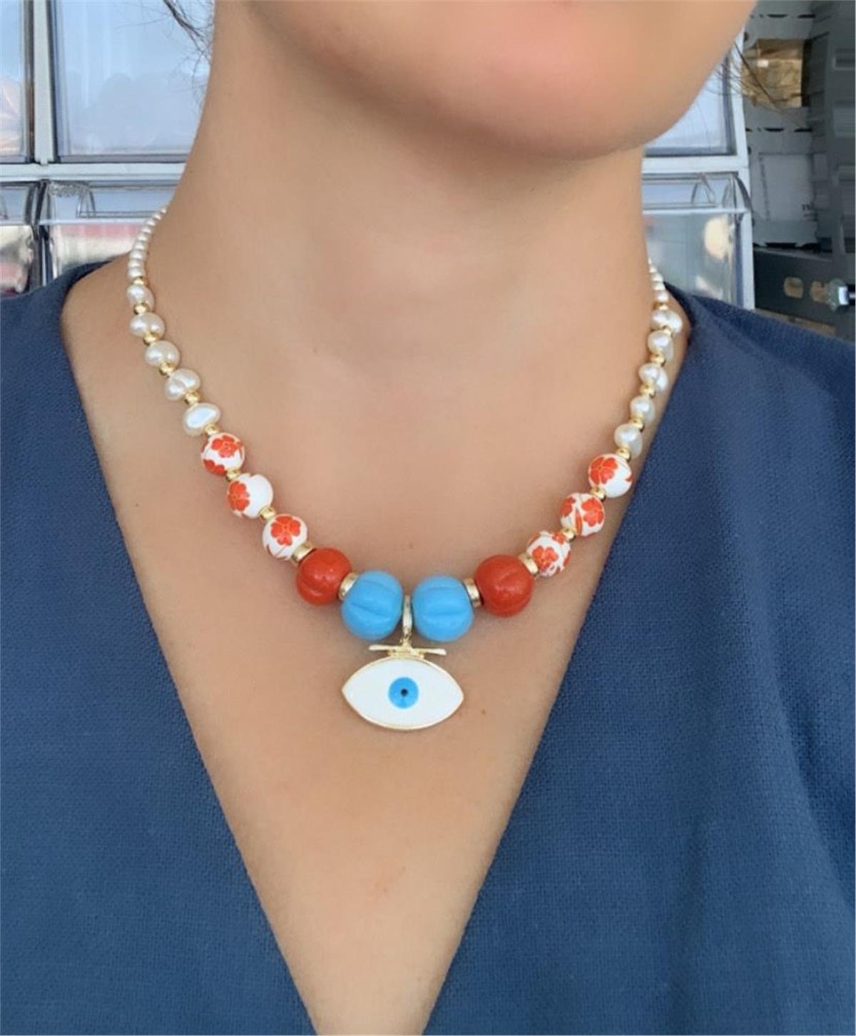 Turuncu Mavi Cam Boncuklu Seramik Çiçekli İncili Kolye