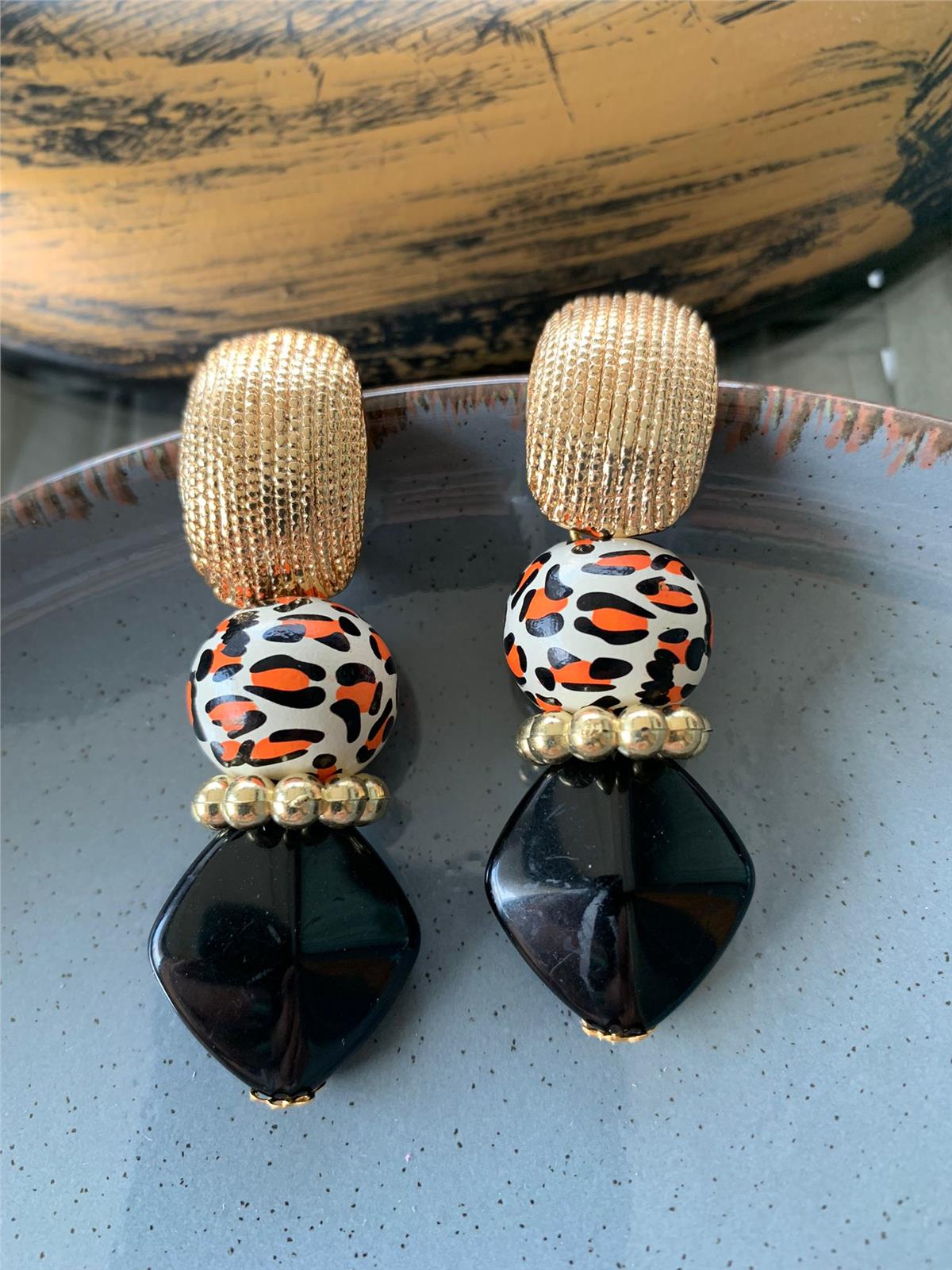 Turuncu Siyah Leopar Desenli Tasarım Küpe