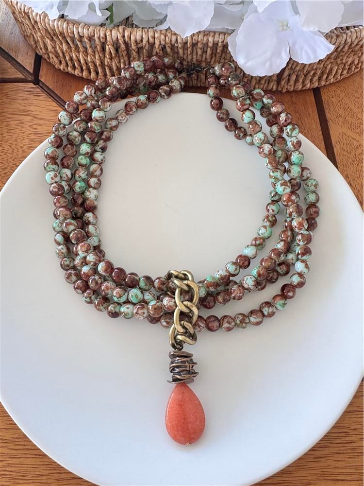 Turuncu Yeşil Damla Jade Taşlı Çoklu Kolye