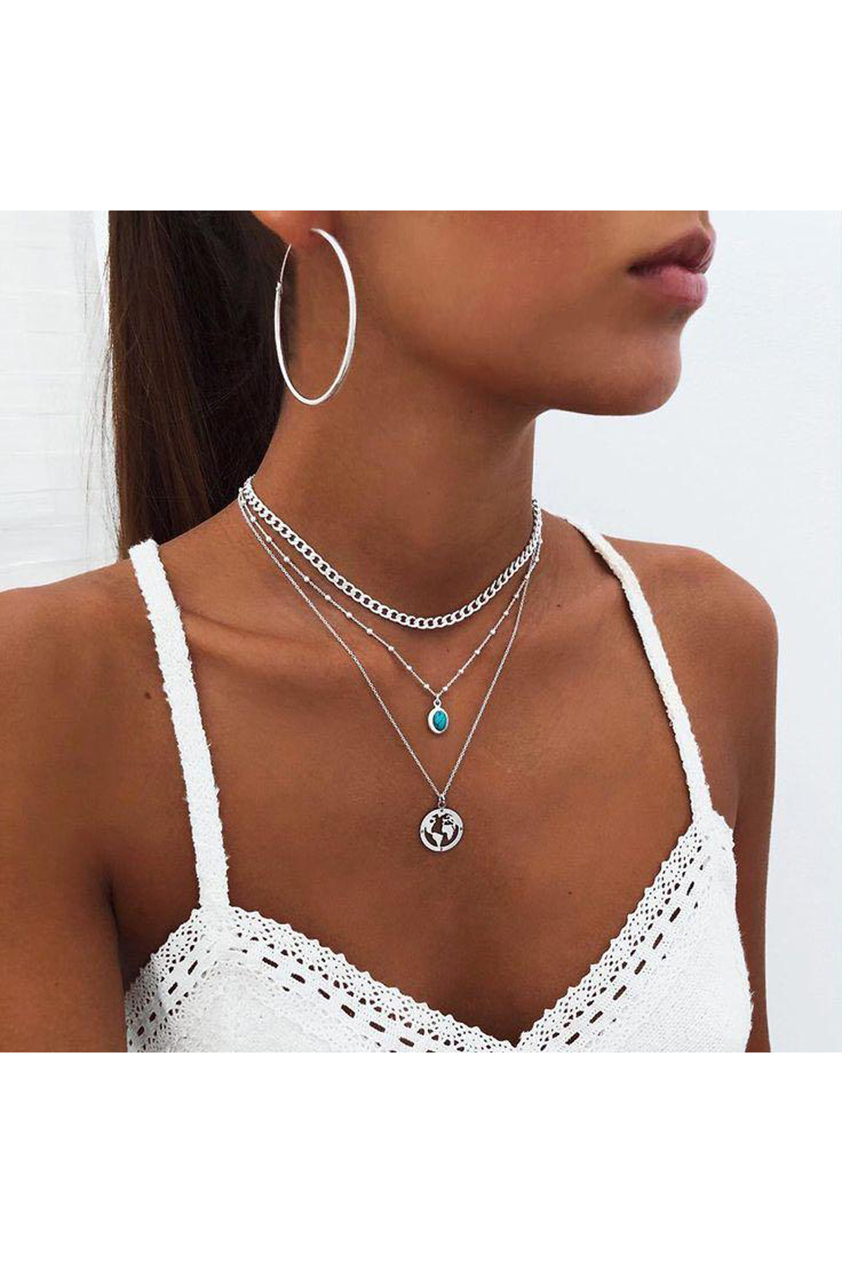 Üçlü Mavi Taşlı Dünya Kolye