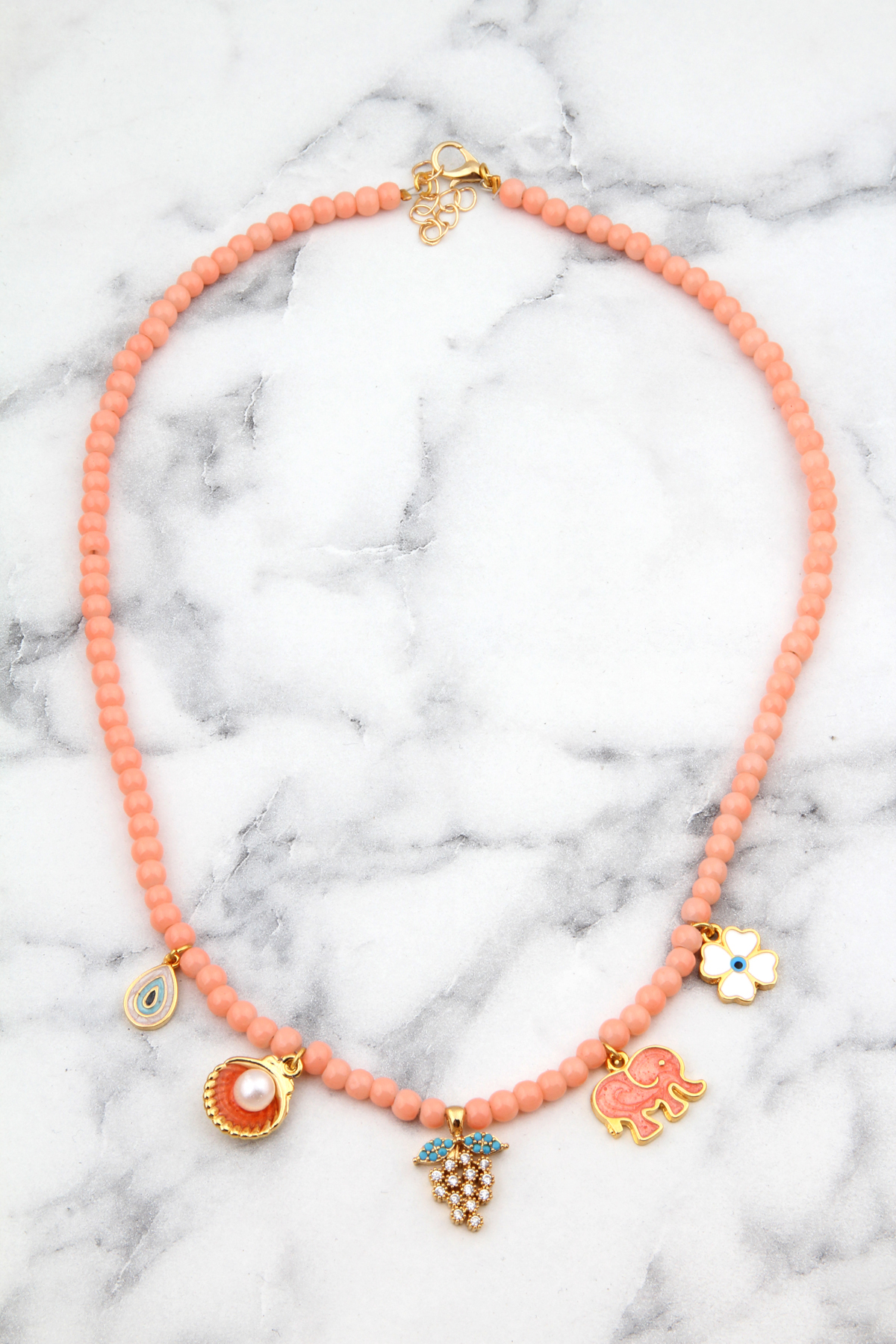 Üzüm Fil Nazar Figürlü Somon Pembe Charm Kolye