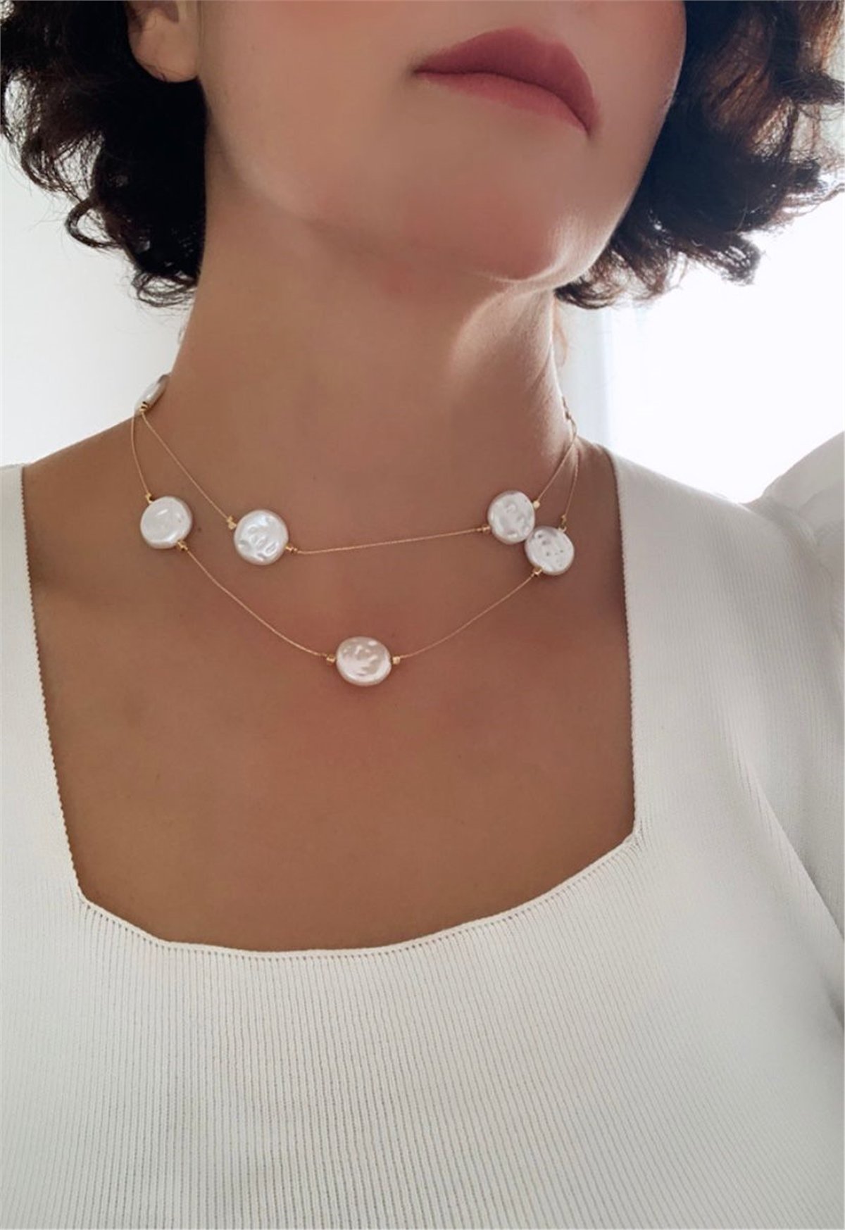 Yassı Yuvarlak İncili İki Sıralı Tasarım Kolye