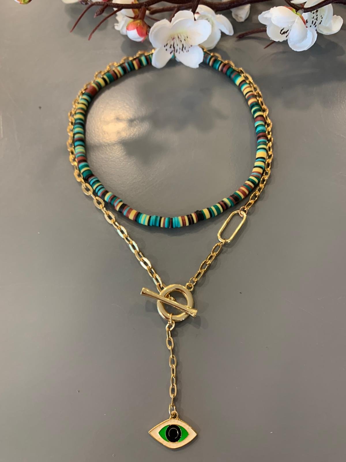 Yeşil Göz Figürlü Fimo Boncuklu İkili Kolye