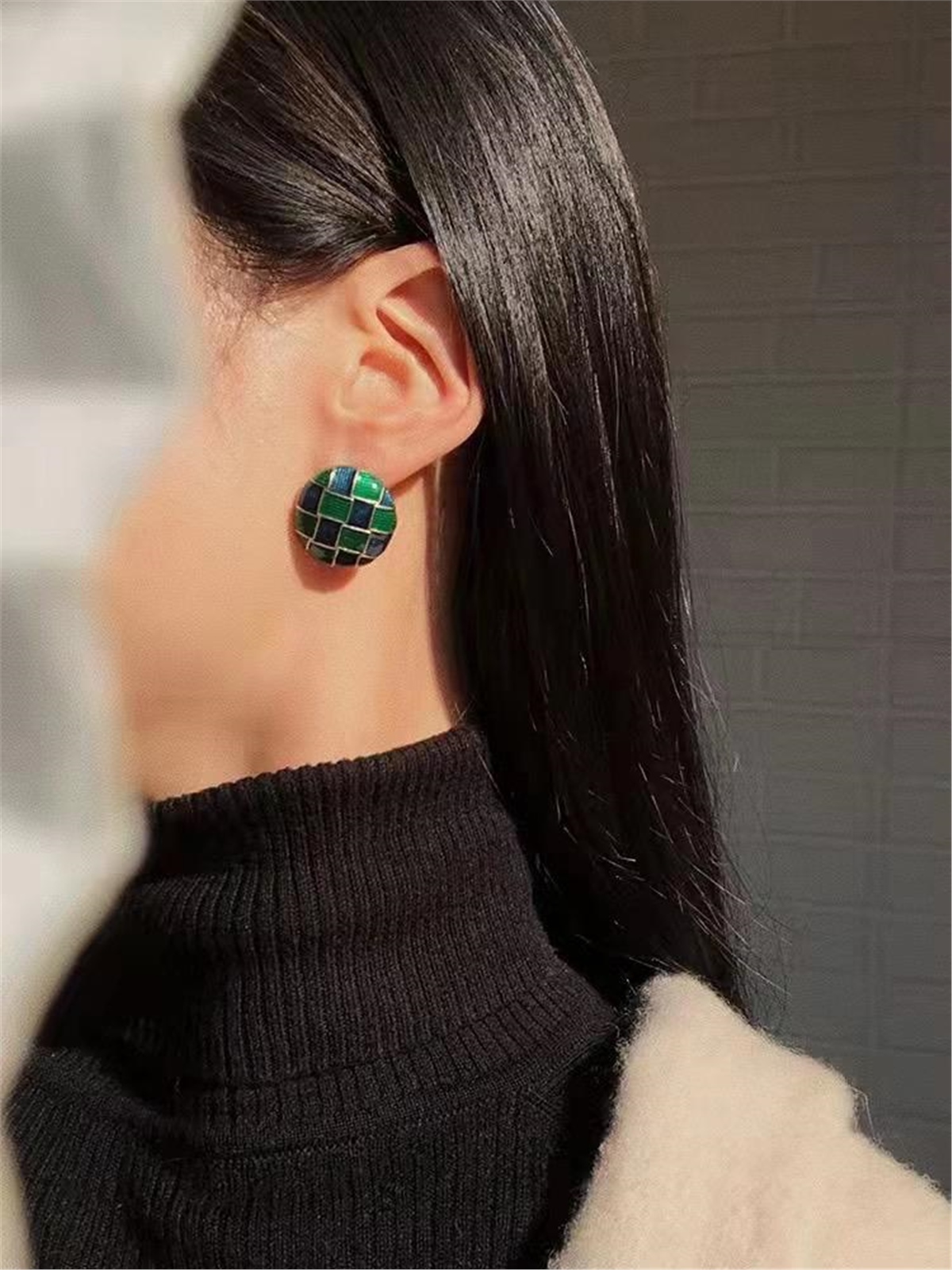 Yeşil Lacivert Kareli Vintage Düğme Küpe