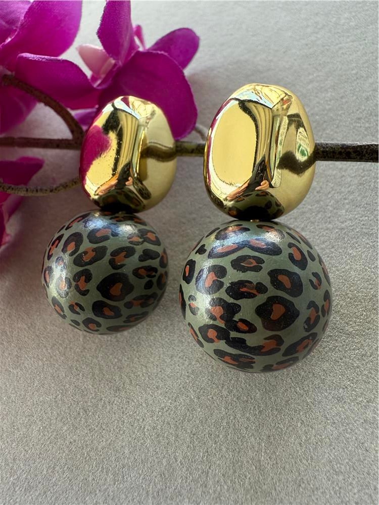 Yeşil Leopar Desenli Gold Küpe