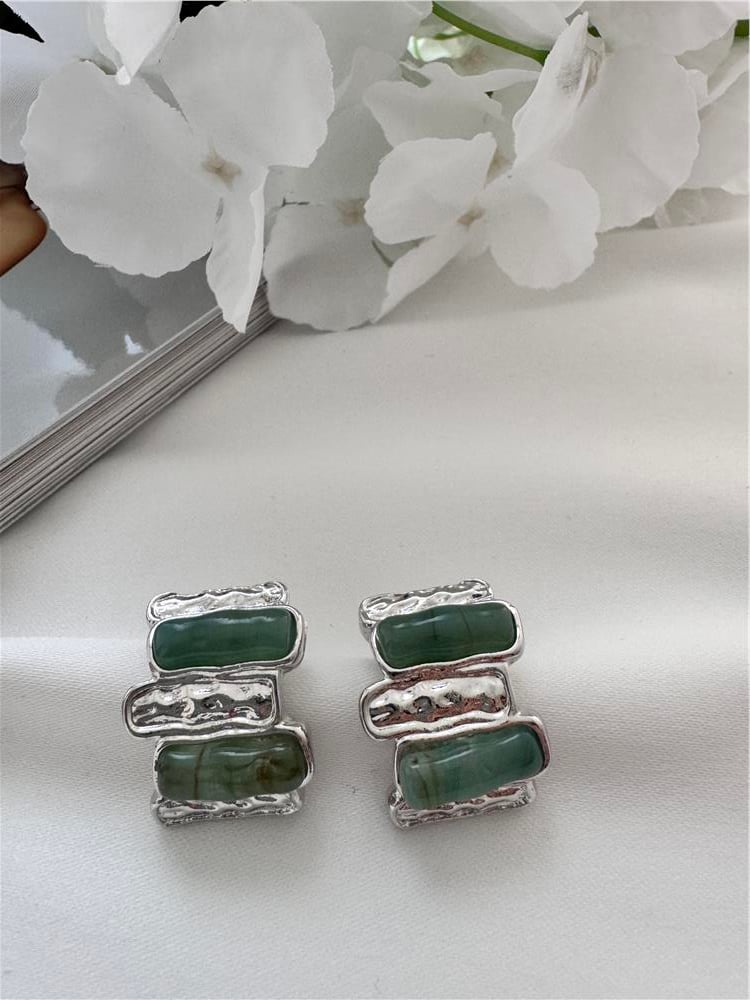 Yeşil Taşlı Silver Çubuk Çubuk Küpe