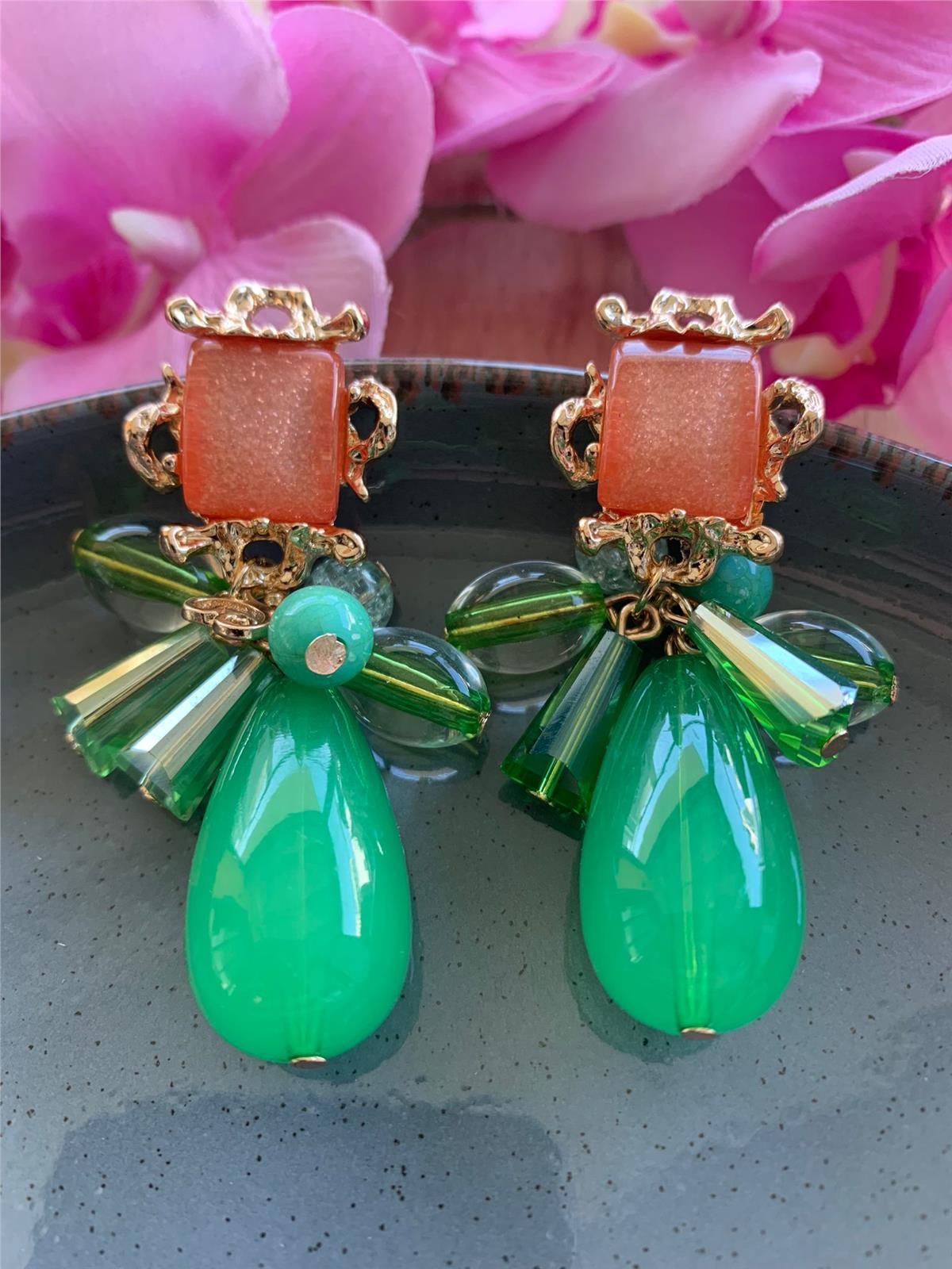 Yeşil Turuncu Boncuklu Tasarım Küpe