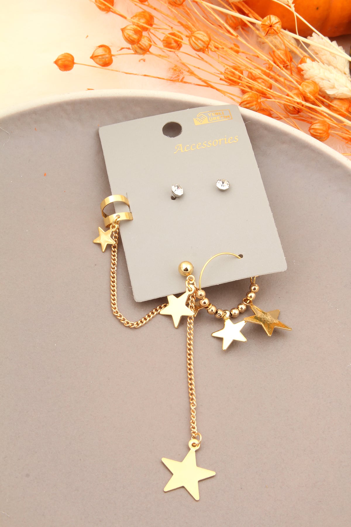Yıldız Sallantılı Halkalı Piercing Küpe Seti Gold