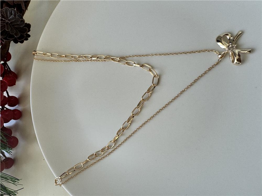 Zirkon Fiyonk Figürlü 2 Katlı Gold Kolye