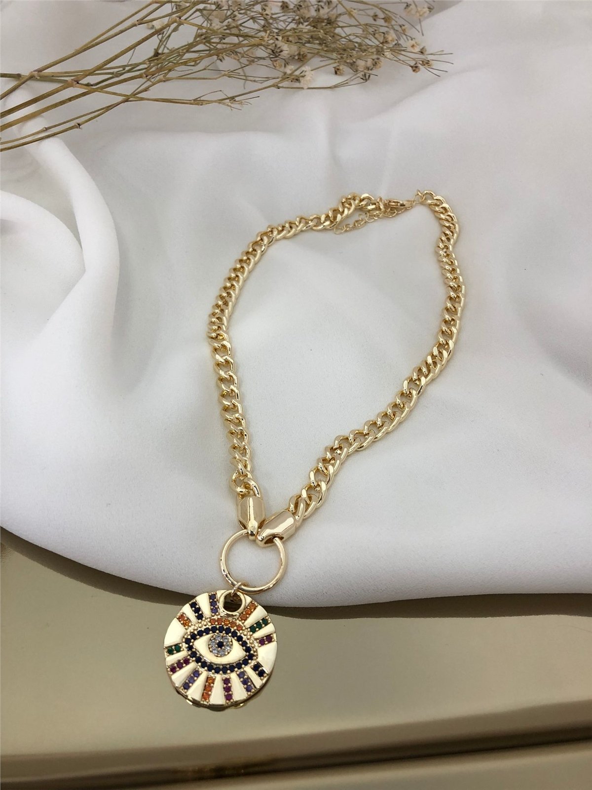 Zirkon Taşlı Göz Figürlü Kalın Zincirli Kolye