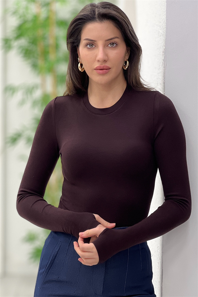 Acı Kahve Soft Touch Kolu Yırtmaç Detay Bluz 5068