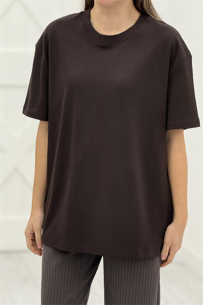Acı Kahve Bisiklet Yaka Oversize Tshirt 3387