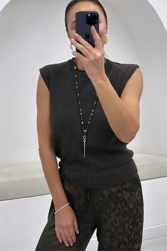 Acı Kahve Bisiklet Yaka Sıfır Kol Triko 3582