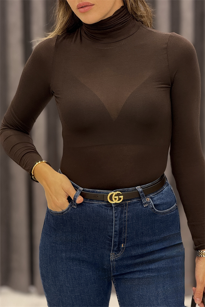 Acı Kahve Boğazlı Transparan Bluz 5226