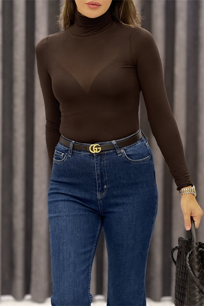 Acı Kahve Boğazlı Transparan Bluz 5226