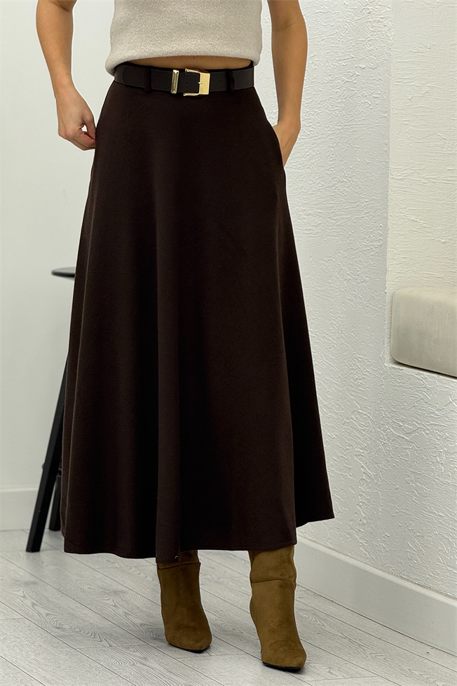 Acı Kahve Kemerli Örme Verev Etek 7716