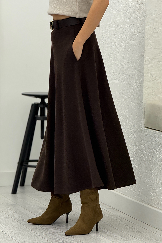 Acı Kahve Kemerli Örme Verev Etek 7716